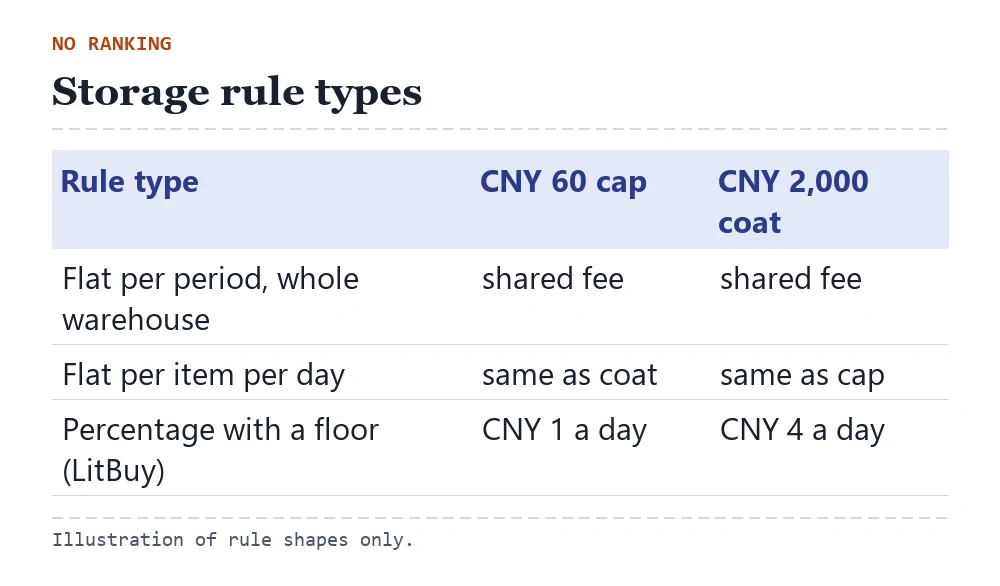 Comparison of three storage rule types: flat per period, flat per item per day, percentage of price with a floor, with what each costs for a cheap and a dear item