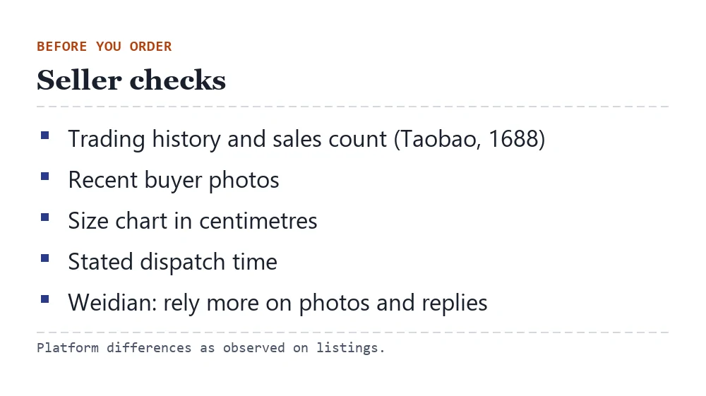 Card of seller checks: trading history, sales count, buyer photos, size chart in centimetres, dispatch time