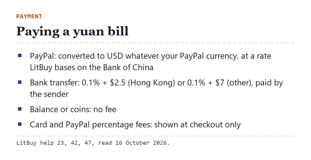 Card about paying in yuan: PayPal converted to USD at a Bank of China based rate, bank transfer fees, balance payments without fees, card fees shown only at checkout