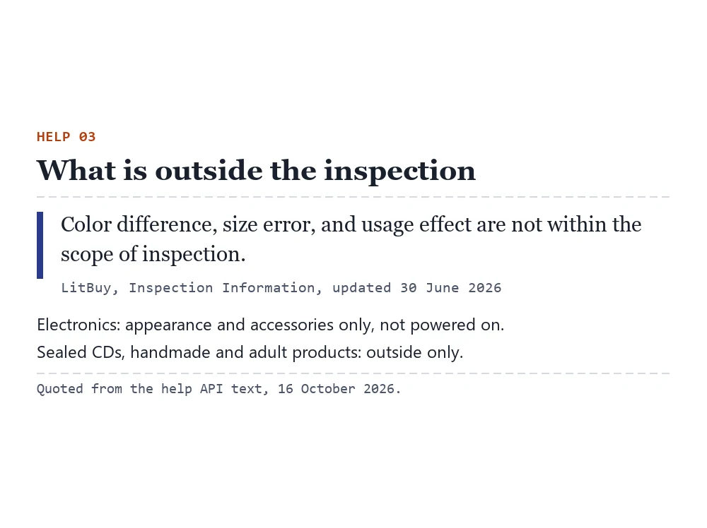Quote card of LitBuy's Inspection Information notes listing colour difference, size error and usage effect as outside the inspection scope