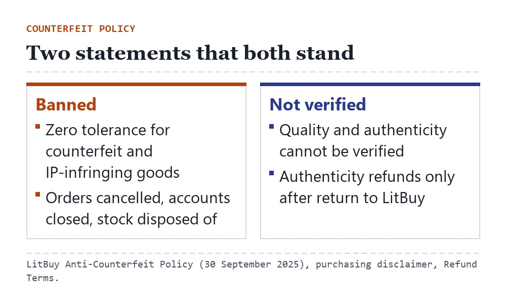 Two quote cards side by side: LitBuy's zero-tolerance statement on counterfeit goods, and its statement that quality and authenticity cannot be verified
