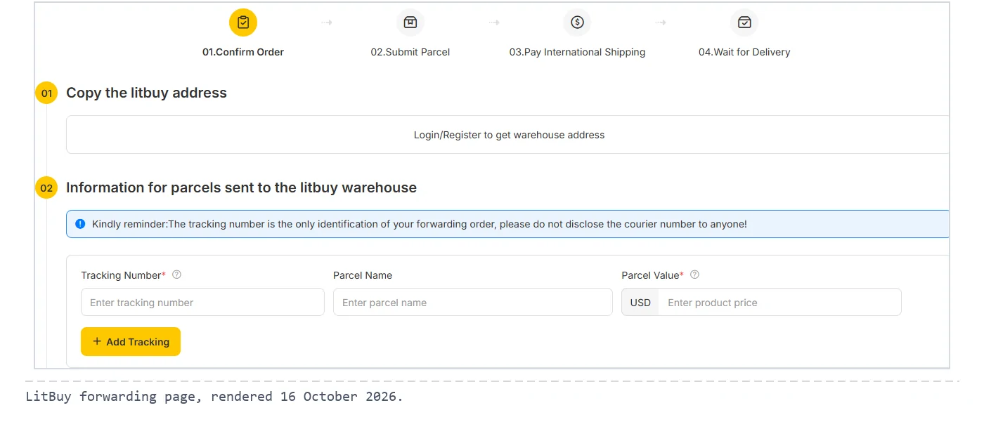 Screenshot crop of LitBuy's forwarding page showing the order steps and the Tracking Number and Parcel Value (USD) fields