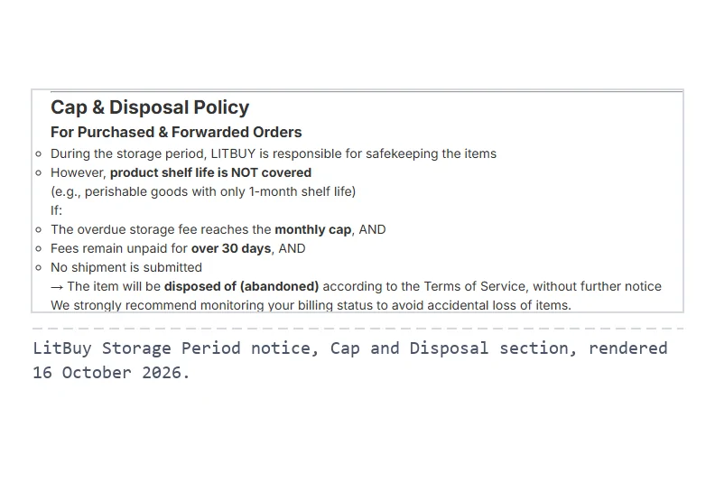 Screenshot crop of LitBuy's Cap and Disposal Policy listing the three conditions joined by AND, followed by disposal without further notice