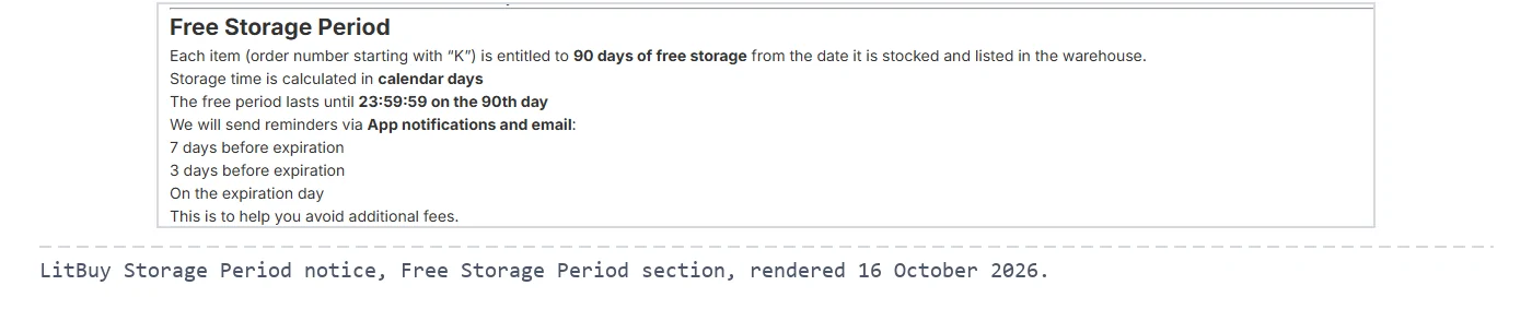 Screenshot crop of LitBuy's storage policy: the Free Storage Period section with 90 days, calendar days and 23:59:59 on the 90th day