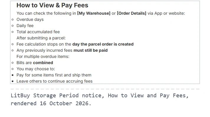Screenshot crop of LitBuy's How to View and Pay Fees section: where to see overdue days, the stop on parcel creation, combined bills and partial payment