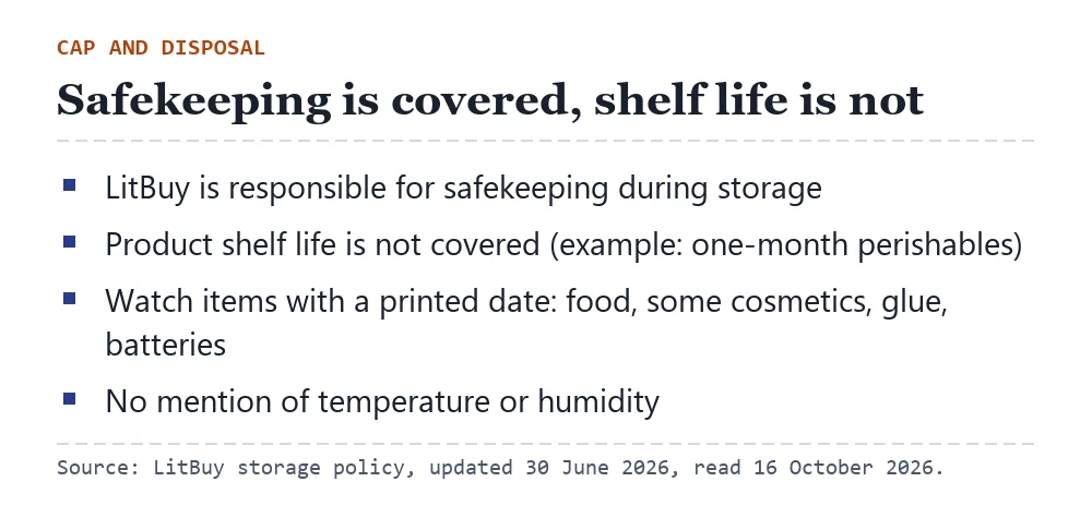 Card: LitBuy keeps items safe in storage, but shelf life is not covered; examples of items with dates such as food, cosmetics and batteries