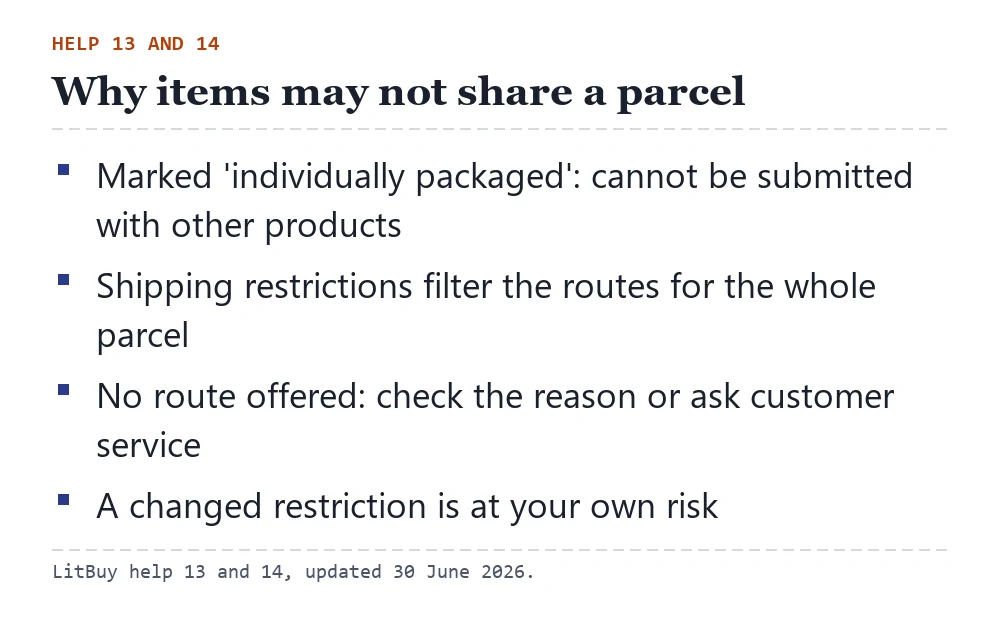 Card listing two reasons items cannot be shipped together: individually packaged marking and shipping restrictions that filter routes