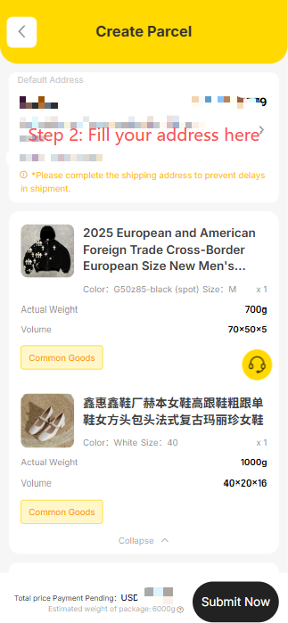 Creating a parcel with selected goods