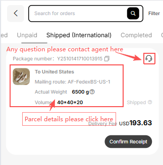 International parcel details and support
